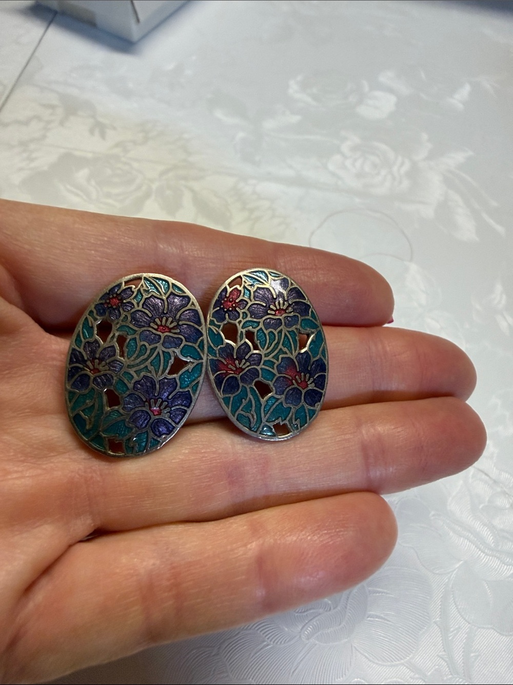 Floral Enamel Oval Stud Earrings in Teal and Purple